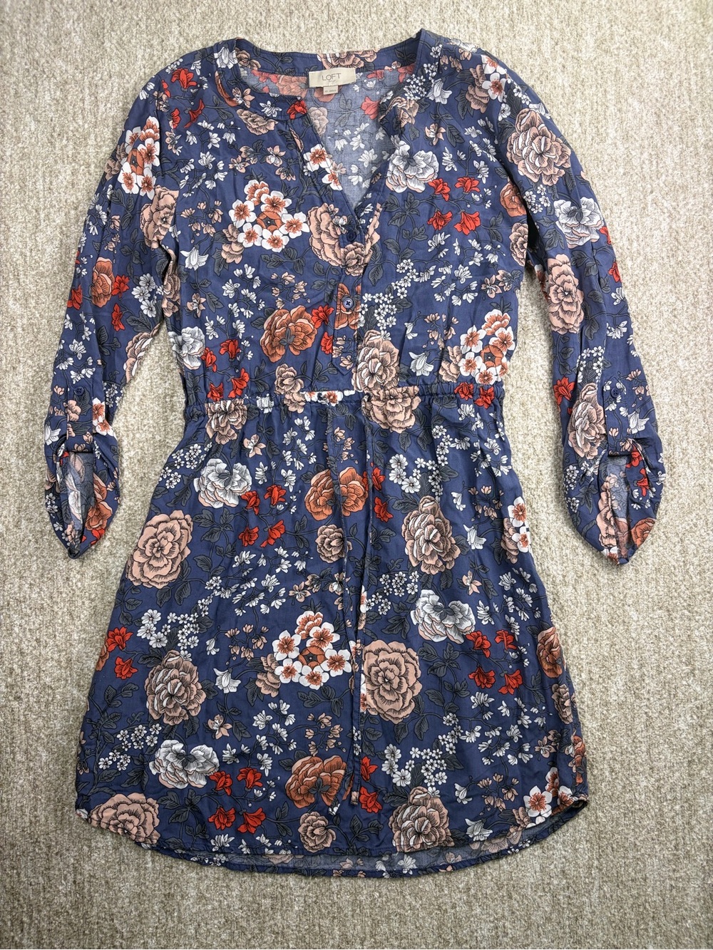 LOFT Navy Floral Button-Front Tie-Waist Dress